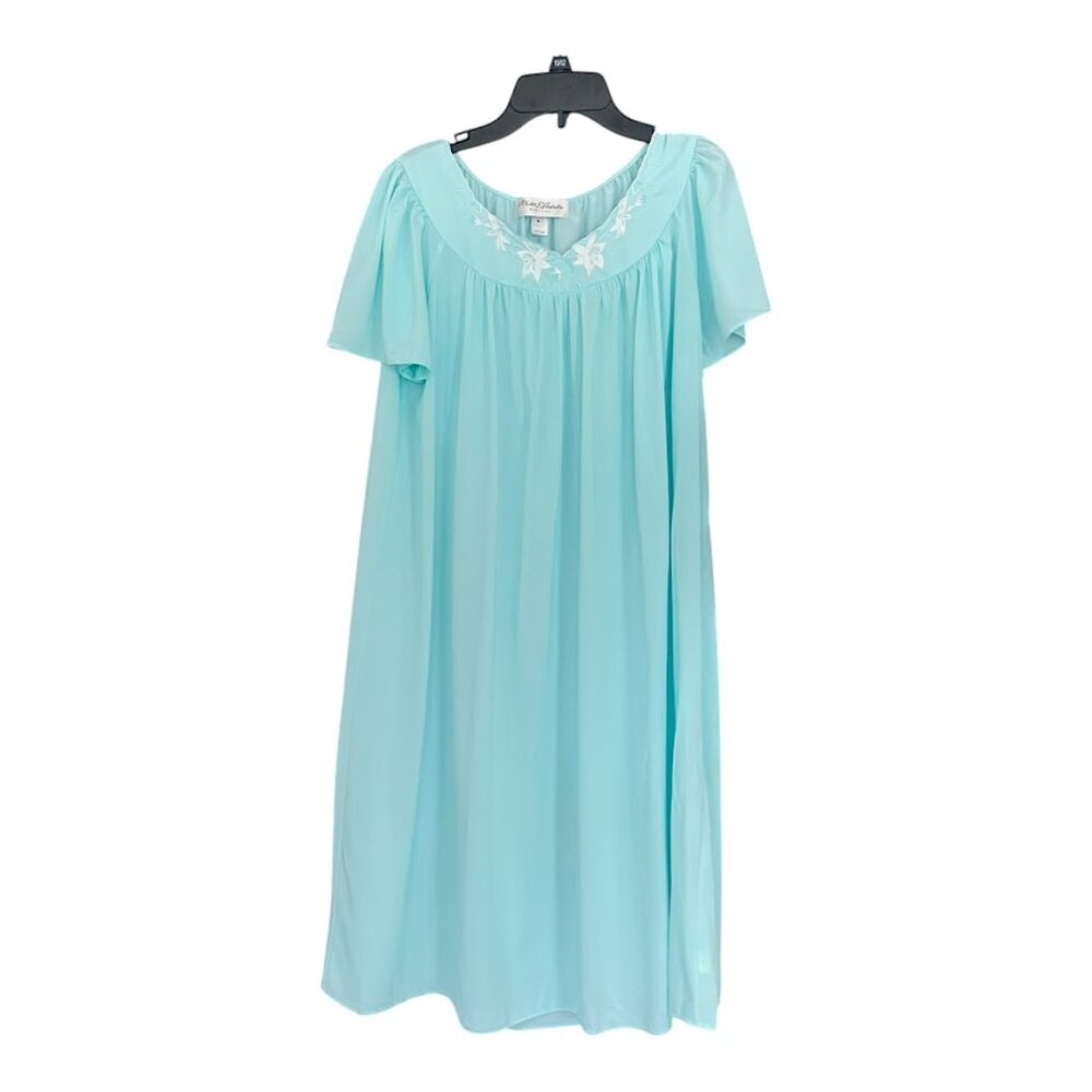 Miss Elaine Aqua Blue Nylon Embroidered Nightgown Size M